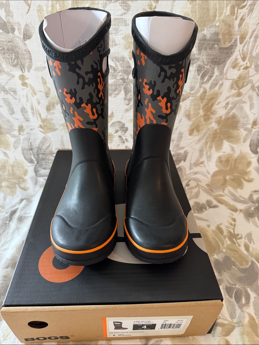 Bogs Black and Orange Camo Kids' Rain Boots